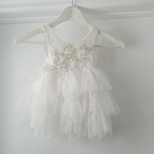 Just Couture Elegant White Lace and Tulle Dress. With Beaded Floral Design. 2T